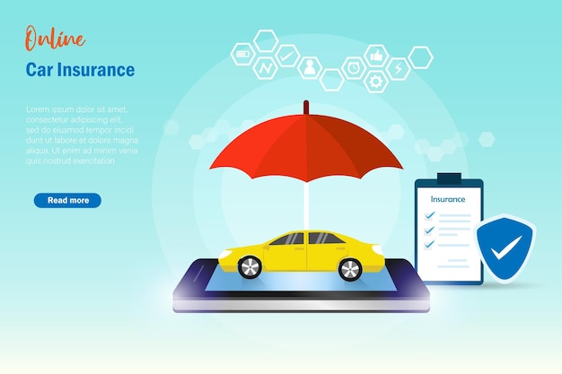 Vector online car insurance car on smart phone under protection from insurance policy umbrealla and shield