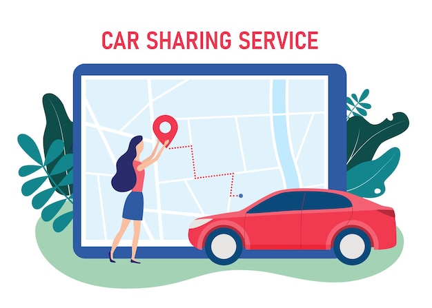 Noleggio auto online, gps sulla mappa della città, car sharing, navigazione, app di localizzazione concept.