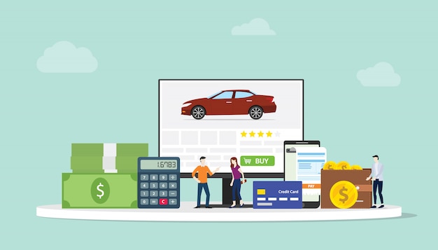 Online car shopping e-commerce technology with team people