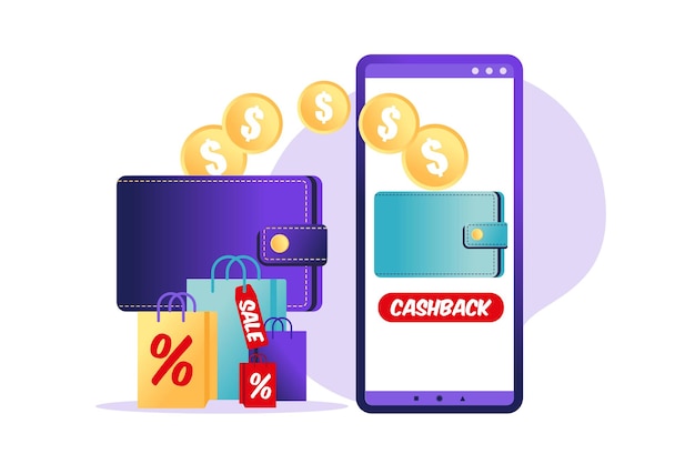 Online cashback-concept Munten of geldoverdracht van smartphone naar ewallet Online bankieren Geld besparen Geldteruggave Vectorillustratie