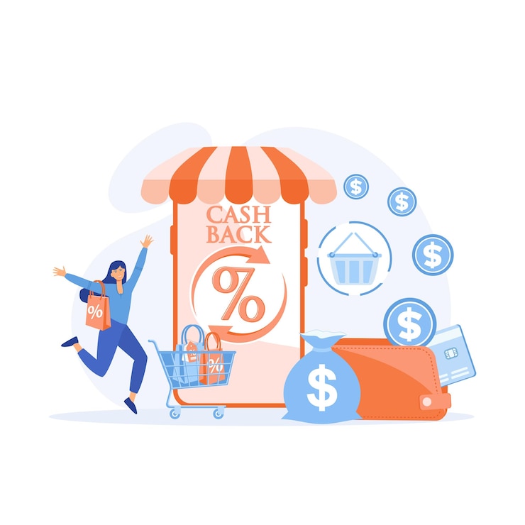 Vector online cashback service for purchase with phone screen. mobile payments.happy customer get rewards. flat vector modern illustration