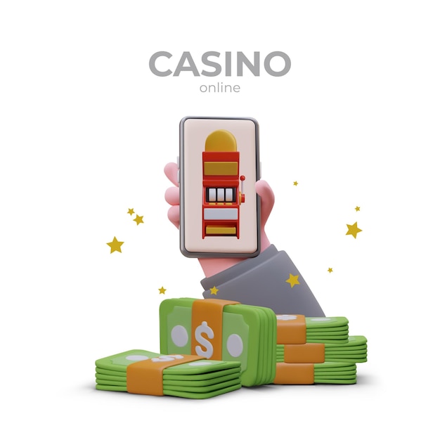 online casino application realistic hand holding smartphone with slot machine on screen