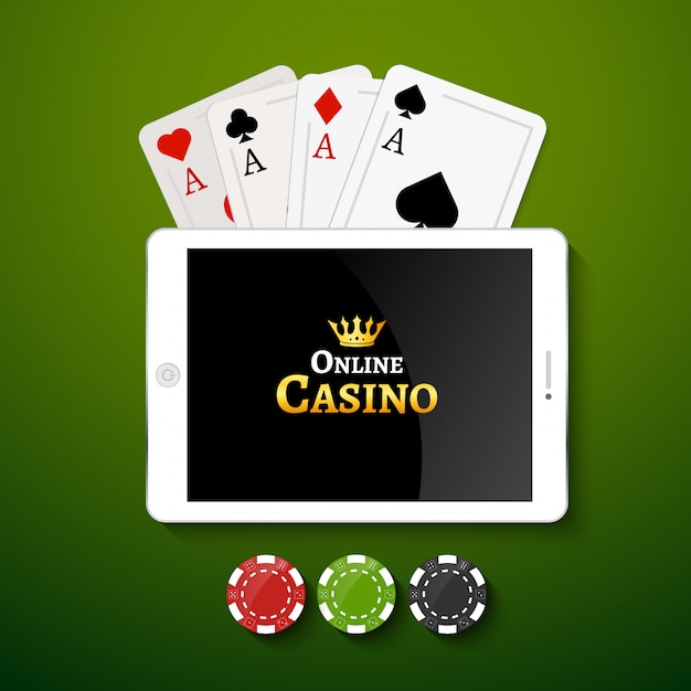 Online casino background. tablet with poker chips and cards on table. casino gambling background, poker mobile app