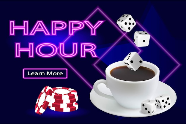 Vector online casino banner voor de site met een kopje koffieblokjes en een happy hour actie