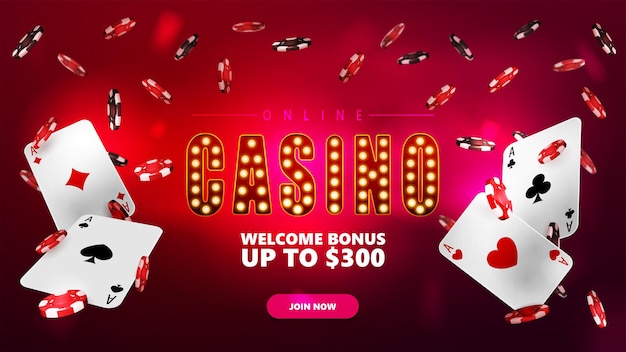 Casinò online, banner per sito web con pulsante, fiches da poker e carte da gioco