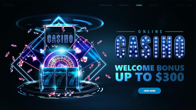 Vector online casino, banner with podium with smartphone, casino slot machine, casino roulette and poker chips in dark scene with neon rhombus frames and hologram of digital rings