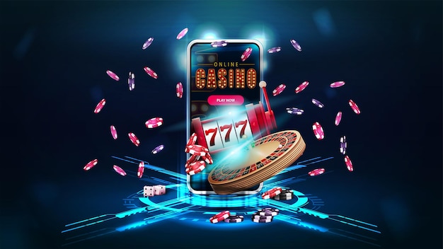 Online casino banner with smartphone Casino Roulette wheel slot machine poker chips and digital hologram of podium with digital rings and cross in dark room