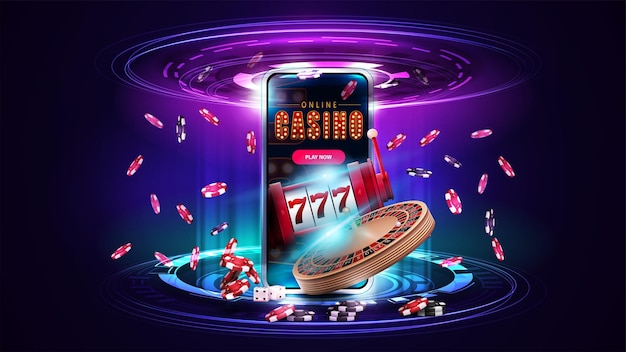 Vector online casino, banner with smartphone, casino roulette wheel, slot machine, poker chips and hologram of digital rings in pink and blue scene