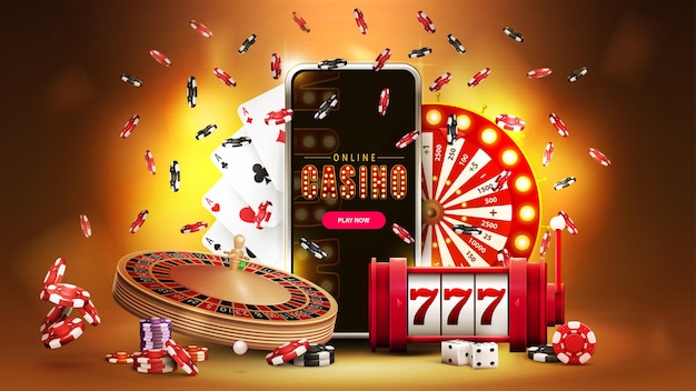 Online casino banner with smartphone casino slot machine Roulette playing cards poker chips and Casino Wheel Fortune on gold background with bokeh 3d realistic vector illustration