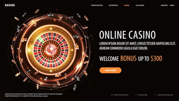 Черный баннер онлайн-казино с кнопкой предложения и золотым блеском неонового вращения Колесо рулетки казино с фишками для покера