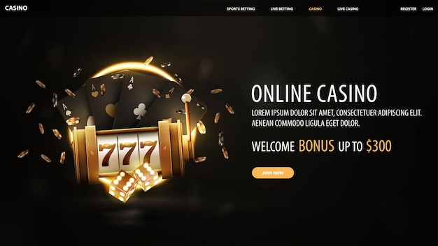 Online casino black banner with welcome bonus button gold casino slot machine dice black playing cards and neon ring