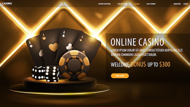 Vector online casino black digital banner with gold casino playing cards dice and poker chips on gold podium floating in the air in dark scene with wall of line rhombus gold neon lamps