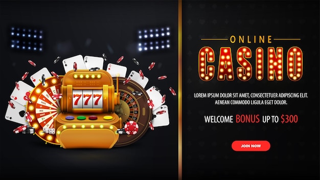 Vector online casino black and gold horizontal banner with button offer slot machine casino wheel fortune roulette falling poker chips and playing cards