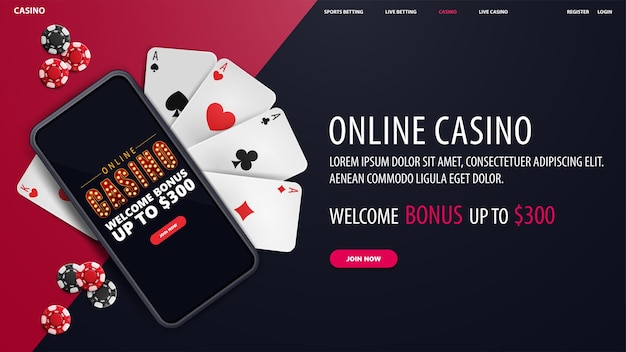 Vector online casino blauwe banner met smartphone met aanbieding speelkaarten en pokerfiches bovenaanzicht