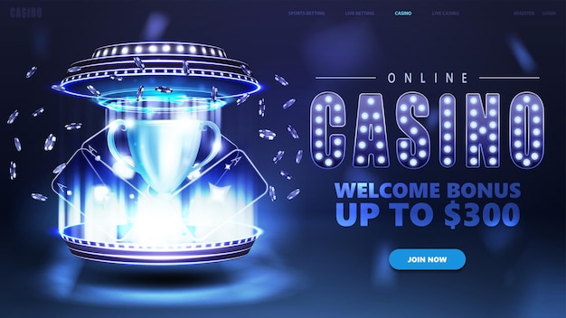 Online casino blue banner with button digital 3D podium in cylindrical shapes neon casino playing cards poker chips and cup pf winner