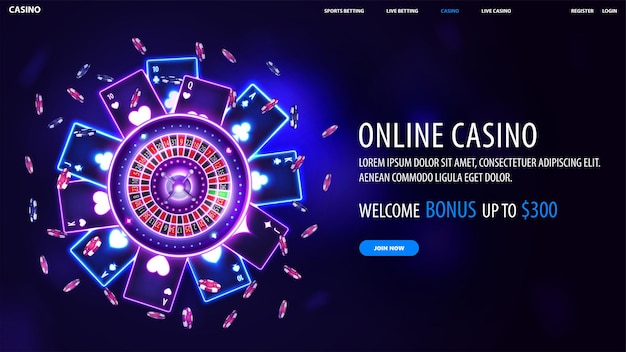 Online casino blue dark banner with welcome bonus button and pink shine neon casino roulette wheel with playing cards