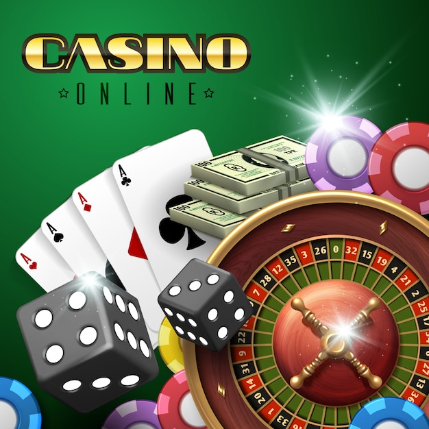 Online casino gambling background with roulette, dice and poker cards. 