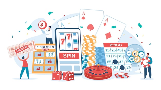 Online casino gambling lucky people winning jackpot Characters playing slot machine bingo roulette lottery winners vector illustration