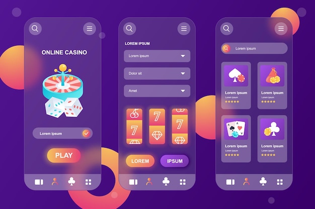 Vettore kit di elementi neumorfici di design glassmorphic di casinò online per set di schermate gui ui ux dell'app mobile