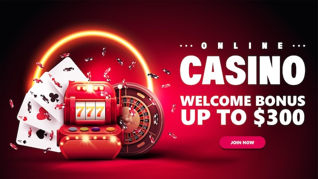 Online casino invitation banner for website with button slot machine Casino Roulette poker chips and playing cards in red scene with yellow neon ring on background