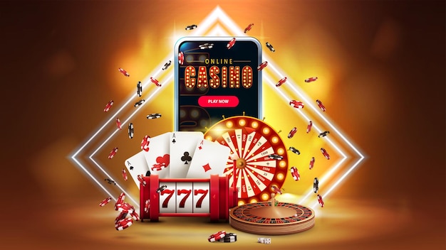 Интернет-казино, оранжевый баннер со смартфоном, игровой автомат казино, рулетка, игральные карты, фишки для покера, Casino Wheel Fortune и неоновые ромбовидные рамки на заднем плане, 3d реалистичная векторная иллюстрация.