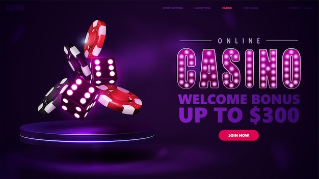 Online casino paarse banner met podium met paarse neon 3D-dobbelstenen met rode en zwarte realistische gokstapel casinofiches in donkere lege scène