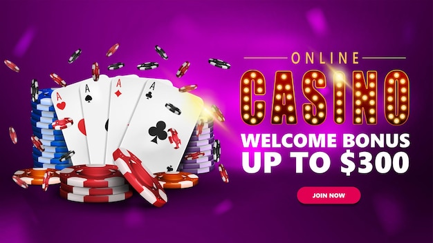 Online casino pink banner for website with symbol with gold lamp bulbs poker chips and playing cards