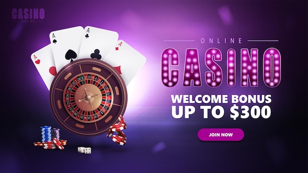 Casinò online, banner viola con offerta, pulsante, simbolo con lampadine, roulette del casinò, fiches da poker e carte da gioco.