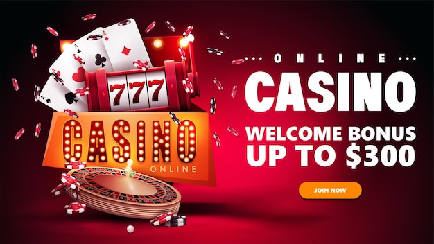 Banner rosso del casinò online con slot machine a pulsanti casino roulette poker chips e carte da gioco