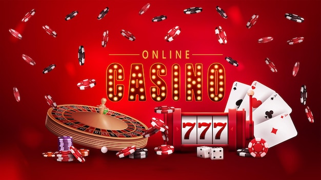 Online casino, rode poster met symbool met gouden gloeilampen, gokautomaat, casino roulette, pokerfiches en speelkaarten.