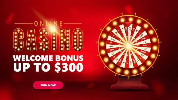 Online casino, rode uitnodigingsbanner voor website met knop en rood Casino Wheel Fortune