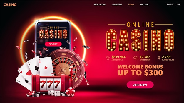 Online casino rode uitnodigingsbanner voor website met knop smartphone gokautomaat casino roulette pokerfiches en speelkaarten in rode scène met oranje neonring op achtergrond