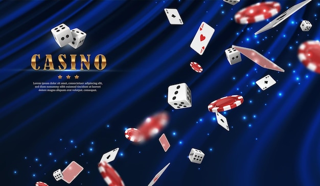 Online casino vector banner On velvet blue background with playing cards chips and dice