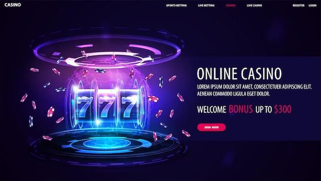 Веб-баннер онлайн-казино с кнопкой предложения и игровым автоматом Neon Casino с фишками для покера с джекпотом и голограммой цифровых колец в темной пустой сцене