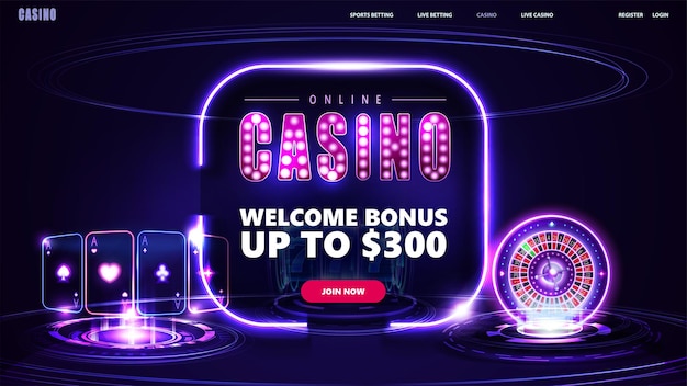 Online casino welcome bonus banner for website with button digital neon casino slot machine roulette wheel playing cards