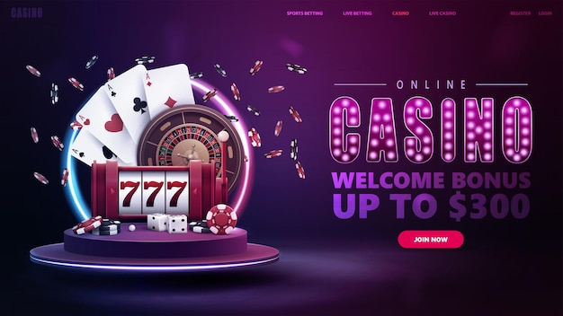 Vettore casinò online, bonus di benvenuto, banner per sito web con pulsante, slot machine, roulette del casinò, fiches da poker, carte da gioco sul podio con cornice rotonda al neon