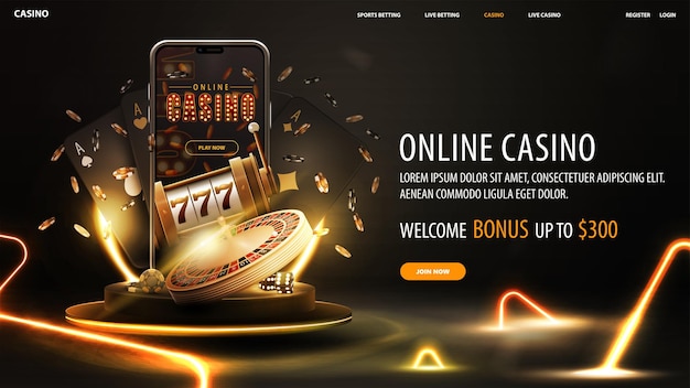 Vector online casino welcome bonus black banner with offer podium with smartphone casino slot machine casino roulette cards and poker chips in dark scene with gold neon triangles around