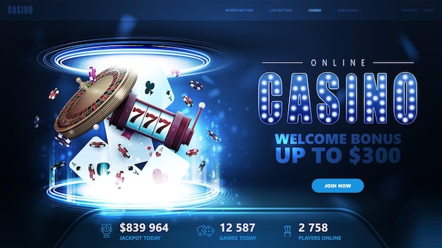 Online casino welcome bonus blue banner for website with button casino playing cards casino roulette slot machine and poker chips inside blue portal made of digital rings in dark empty scene