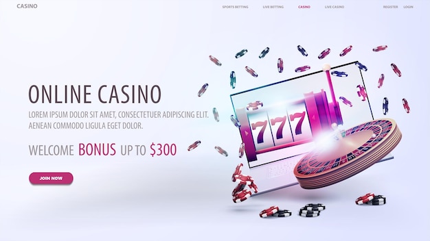 Vector online casino white web banner with offer laptop slot machine roulette and poker chips on white background