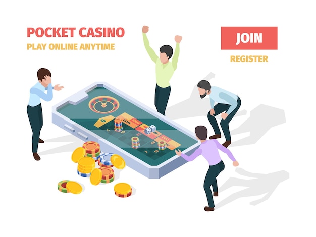 Casinò online. vincitori fortunati persone felici che giocano roulette blackjack gioco d'azzardo su smartphone e tablet concetto di gioco isometrico. casinò online, vincitore della roulette, illustrazione del gioco fortunato