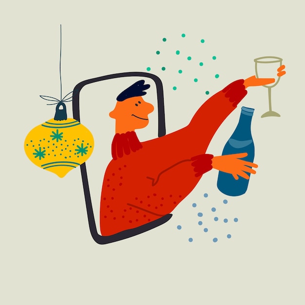 Online celebration remote Christmas New Year party Young man raising a glass through phone screen Vector illustration in flat style Social awareness during Covid19 concept