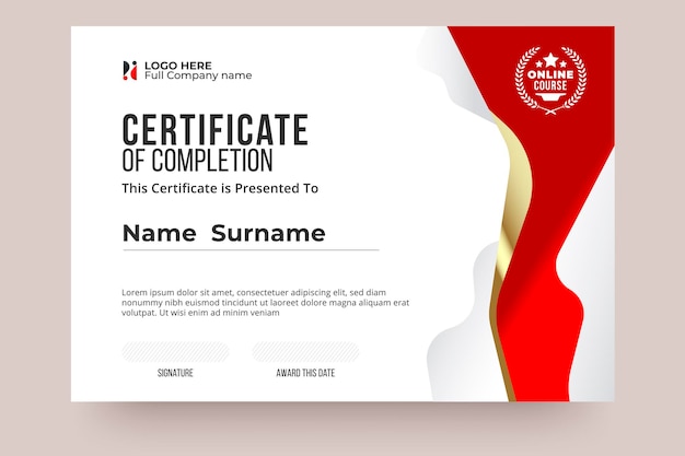 online certificate of completion template. red and white color, clear design and international style. easy edit and replace name. vector eps10 ready to print.