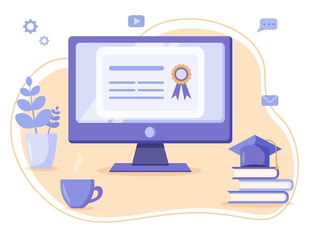 Vector online certification on monitor screen for elearning course webinar and online education concept