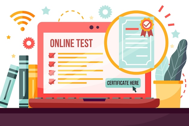 Vettore certificazione online con laptop e scrivania