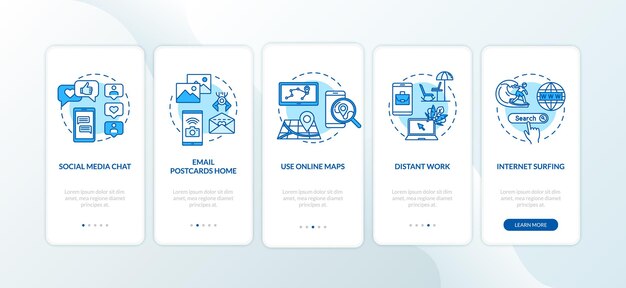 コンセプトを備えたオンラインチャットと遠隔作業のオンボーディングモバイルアプリページ画面。インターネットサーフィンと電子メールのウォークスルー5ステップのグラフィックの説明。 RGBカラーイラストとUIベクトルテンプレート