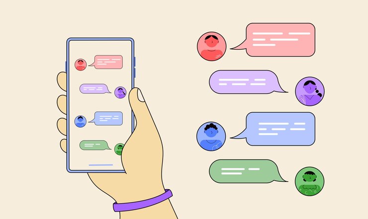 Vector online chat with cute linear characters cute cartoon hand holding mobile smart phone smartphone with friends chatting user characters speech bubbles on cellphone screen vector illustration