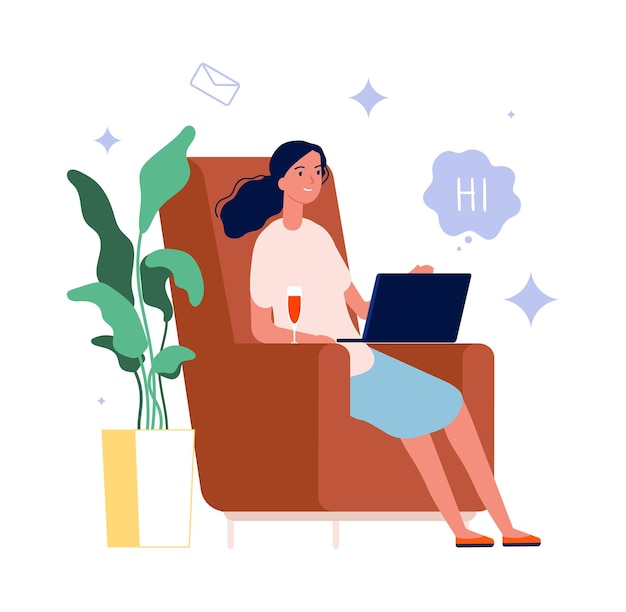 Online chat. woman with wine glass and laptop. cartoon flat illustration