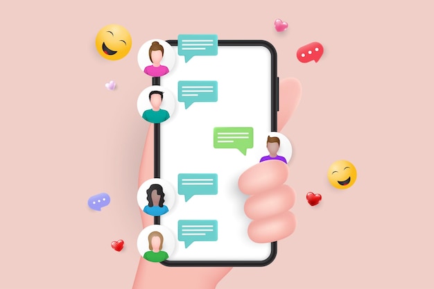 Online chatberichten op mobiele telefoon 3D-vector hand met smartphone met sms tekstballonnen push-meldingen op scherm 3D-vector illustrator