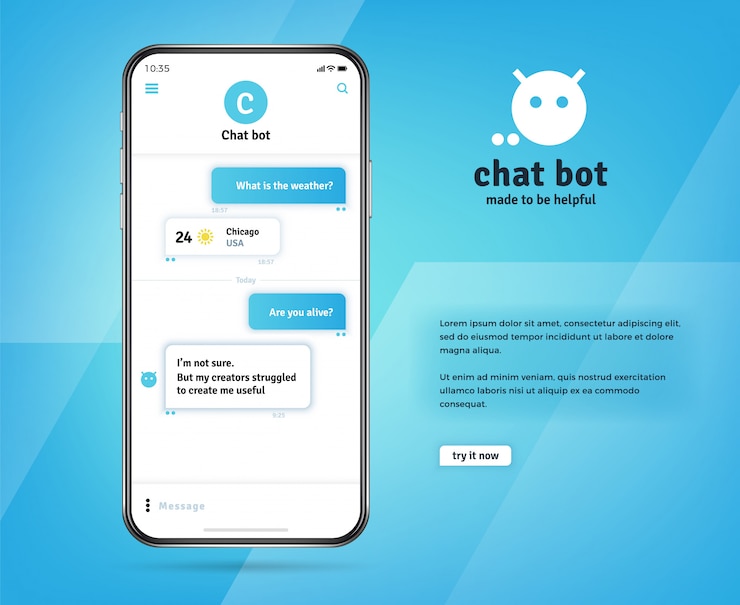 Vector online chatbot app with messages on realistic smartphone screen