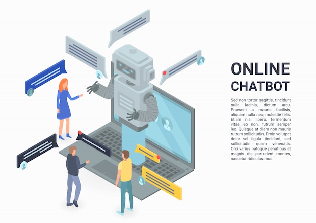 Online chatbot concept banner, isometric style